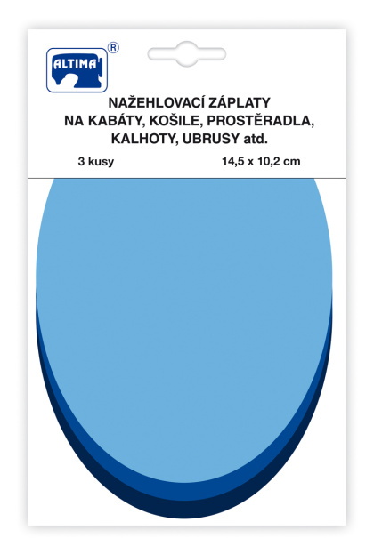 Nažehlovací záplaty jednobarevné ovály 3 ks - sv.modrá král.modrá tm.modrá